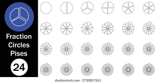 Icono de círculo de fracción. Círculo dividido en 1 a 24 partes. Fracción de pastel dividida en trozos. Parte de pastel o rebanada de pizza. Gráfico de círculo de esquema para infografía. Ilustración vectorial.
