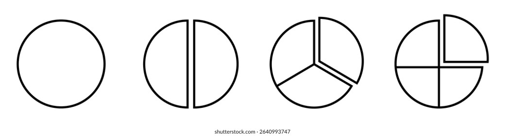 Fraction circles. Fraction pie divided into slices.  Fraction Pies. Fractions vector flat outline icon. Vector illustration.