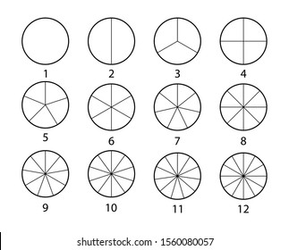 Fraction Mathematics. Circle Segments Set. Black Thin Outline Graphics.