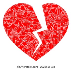 Fraction mosaic broken heart icon. Broken heart mosaic icon of fraction elements which have various sizes, and positions, and color tones. Vector collage for abstract images.