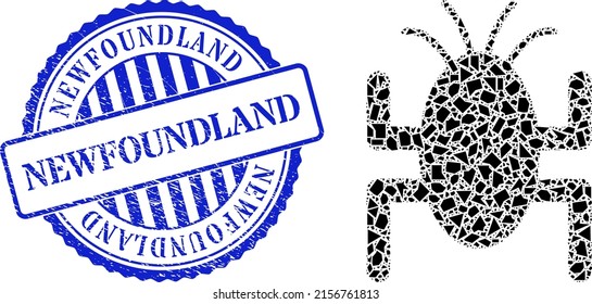 Fraction mosaic bug tick icon, and blue round NEWFOUNDLAND grunge stamp with tag inside round form. Bug tick mosaic icon of detritus items which have different sizes, and positions, and color tinges.