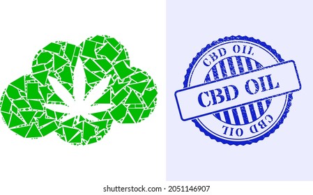 Fraction mosaic cannabis smoke icon, and blue round CBD OIL corroded stamp seal with text inside round shape. Cannabis smoke mosaic icon of shatter particles which have randomized sizes,