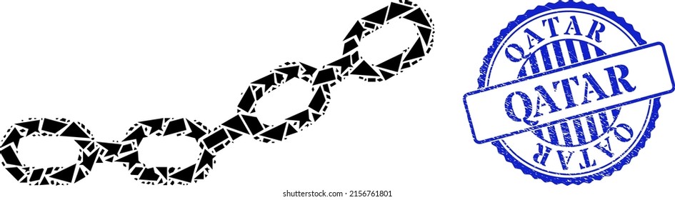 Bruchmosaikkkettensymbol und blaues rund QATAR grobes Stempelsiegel mit einem Tag in runder Form. Kettenmosaik-Symbol von Shards, die randomisierte Größen, Positionen und Farbtöne haben.