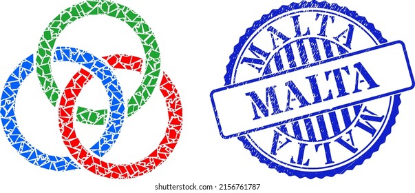 Fraction mosaic circle links knot icon, and blue round MALTA scratched stamp imitation with tag inside round shape. Circle links knot mosaic icon of fraction elements which have various sizes,