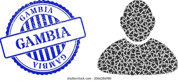 Fraction mosaic customer icon, and blue round GAMBIA grunge stamp print with tag inside round shape. Customer mosaic icon of spall particles which have randomized sizes, and positions,