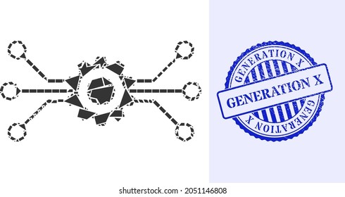 Fraction Mosaic Digital Technology Icon, And Blue Round GENERATION X Corroded Stamp Imitation With Tag Inside Circle Shape.