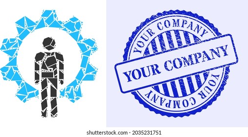 Fraction mosaic human resources icon, and blue round YOUR COMPANY corroded stamp seal with word inside round form. Human resources mosaic icon of detritus items which have variable sizes,