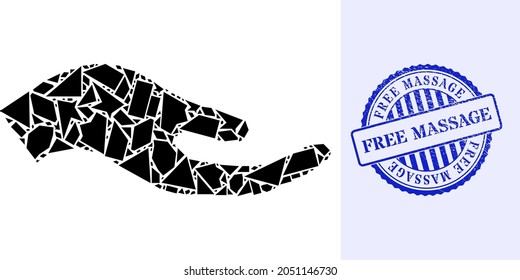 Fraction mosaic petition hand icon, and blue round FREE MASSAGE grunge watermark with caption inside round shape. Petition hand mosaic icon of shards parts which have variable sizes, and positions,