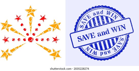 Fraction mosaic pyrotechnic salute icon, and blue round SAVE AND WIN grunge stamp imitation with text inside round shape. Pyrotechnic salute collage icon of fraction items which have variable sizes,