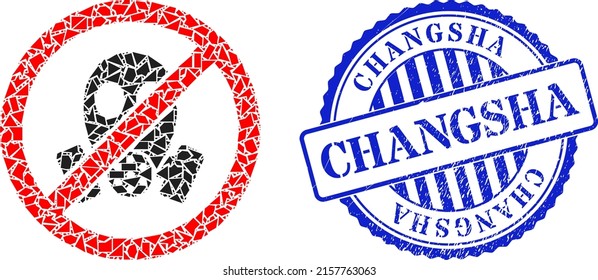 Fraction mosaic stop gasmask icon, and blue round CHANGSHA rough stamp seal with word inside round form. Stop gasmask mosaic icon of shard parts which have different sizes, and positions,