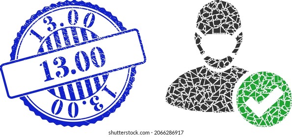 Fraction mosaic valid masked man icon, and blue round 13.00 scratched stamp seal with word inside round form. Valid masked man collage icon of detritus elements which have randomized sizes,