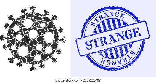 Fraction mosaic Virus-Zelle Symbol, und blau rund STRANGE Gummi-Stempel-Siegel mit Anhänger in runden Form. Mosaiksymbol von Trümmerelementen mit unterschiedlichen Größen und Positionen;