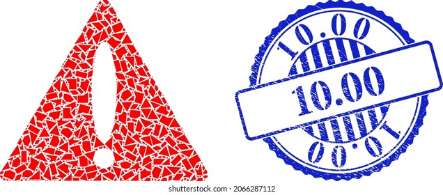 Fraction mosaic warning triangle icon, and blue round 10.00 grunge stamp print with text inside round shape. Warning triangle mosaic icon of shards parts which have variable sizes, and positions,