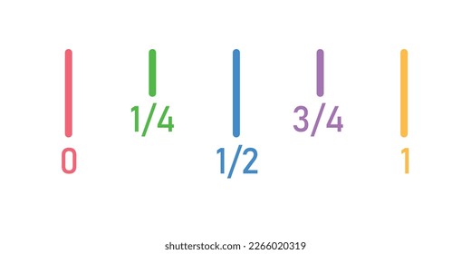 Línea número de fracción en matemáticas. Dividir 0 a 1 en 4 partes iguales. Ilustración vectorial aislada en fondo blanco.
