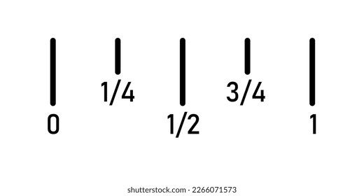 Línea número de fracción en matemáticas. Dividir 0 a 1 en 4 partes iguales. Ilustración vectorial aislada en fondo blanco.