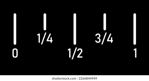 Fraction number line in mathematics. Divide 0 to 1 into 4 equal parts. Vector illustration isolated on black background.