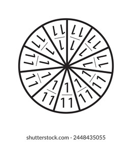 Fraction one eleventh circle sign. The circle is divided into eleven parts
