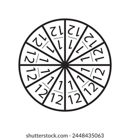 Fraction one twelfth circle sign. The circle is divided into twelfths