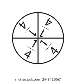 Fraction one-fourth in a circle sign. The circle is divided into four parts