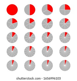 Fraction pie divided into slices. Fractions. Fraction Pies. Vector flat outline icon illustration isolated on white background.