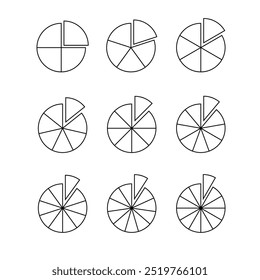 Fraction pie divided into slices on white background. Symbol editable stroke.