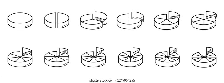 Fraction Pies Divided Into Slices. Vector Flat Outline Icon Illustration Isolated On White Background.