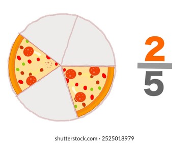 Fração de pizzas exemplos. Quintos dois para cinco dividir. fatias metade inteira 2, 5. barato. Infográfico de taxa do gráfico de pizza. Triplet comeu fatias de pizza, metade restante. Planilha de matemática. Ilustração vetorial	