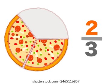 Fraction pizzas examples. Third two for three divide. slices whole halve 2, 3. cheap. Pie chart ratio infographic. Triplet eaten pizza slices, half remaining. Maths worksheet. Vector illustration