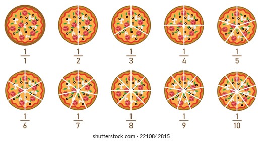 Fraction pizzas. Fraction for kids. Pizza slices. Fraction fun with pizza. vector illustration isolated on white background.