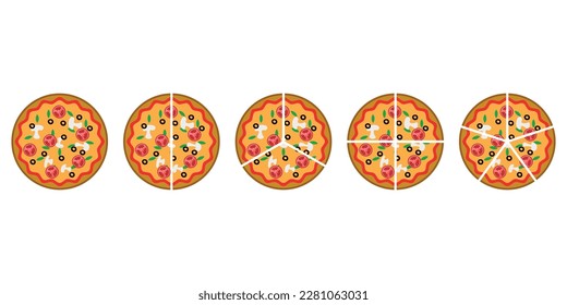 Fraction pizzas. Fraction for kids. Pizza slices. Fraction fun with pizza. vector illustration isolated on white background.