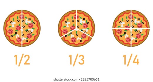 Pizzas de fracción. Fracción para los niños. Rasgos de pizza. Fracción divertida con pizza. ilustración vectorial aislada en fondo blanco.