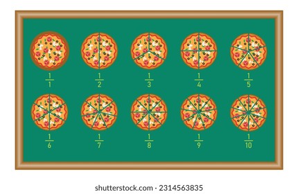 Fraction pizzas. Fraction for kids. Pizza slices. Fraction fun with pizza. Mathematics resources for teachers and students. vector illustration isolated on white background.