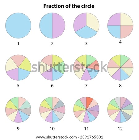 fraction of the section 1 to 10 circle. color. Equivalent fractions explained in mathematics. vector. drawing. white background. Circle division on 2, 3, round divided diagrams. Imagine de stoc © 