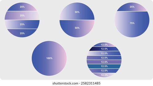 Fraction. Segmented circles Infographic. Big set, of wheel diagrams. Various number of sectors divide the circle on equal parts with Gradient