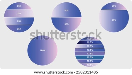 Fraction. Segmented circles Infographic. Big set, of wheel diagrams. Various number of sectors divide the circle on equal parts with Gradient