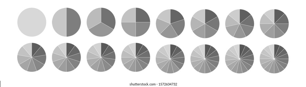 Fracción. Los círculos segmentados se establecen aislados en un fondo blanco.Conjunto grande, de diagramas de rueda. Varios sectores dividen el círculo en partes iguales