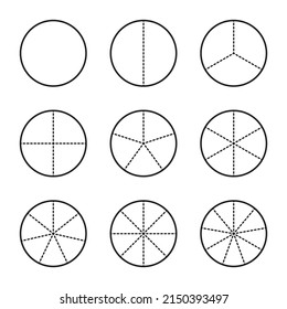 Fractional circle line chart icon. Ratio and some linear vector icons. The round shape of a pie or pizza is cut in equal dotted line slices. Linear illustration of a simple business chart.