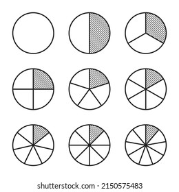 Icono de gráfico de línea de círculo fraccional. Relación y algunos iconos de vector lineales. La forma redonda de un pastel o de una pizza se corta en rodajas de la misma línea de sombra. Ilustración lineal de un sencillo organigrama.