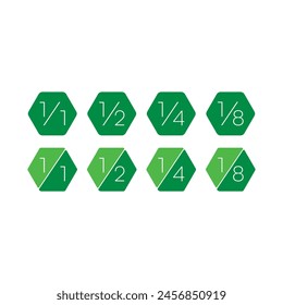 Fractional numbers in green hexagons. whole, half, quarter fractional numbers. fractional numbers concept