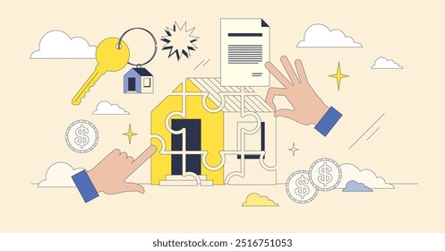 Fractional real estate and shared ownership neubrutalism hands collection set. Investor buy part of house property to share risks and profit together vector illustration. Home purchase documentation.