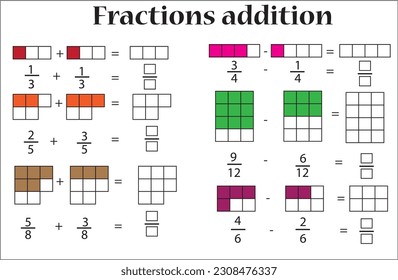 Fractions addition, Add two fractions and write the answer in the box.