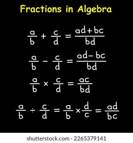 Fractions in algebra. mathematics poster. Adding, subtraction, multiplying and dividing fractions. Vector illustration isolated on black background.