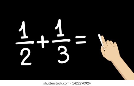 fractions calculation on blackboard, hand holding chalk 