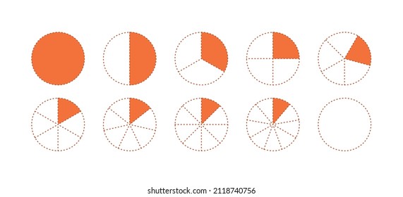 Fractions for education. Infographic pie divided into slices. Circle piece diagram. Half, third, quarter and other proportion chart.Ratio and parts linear icon. Vector