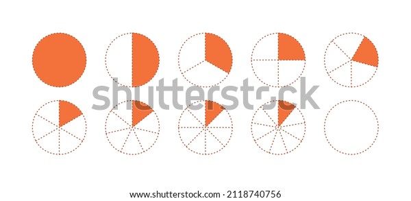 Fractions for education.\
Infographic pie divided into slices. Circle piece diagram. Half,\
third, quarter and other proportion chart.Ratio and parts linear\
icon. Vector