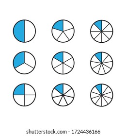 Fractions for education.Fraction pie divided into slices. Ratio and parts linear vector icons. Vector