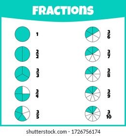 Fractions. Fraction mathematics. Circle segments set. Learning mathematics. Tasks for addition for preschool children.