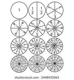 Fractions, math education. A circle divided into parts from 1 to one twelfth icon