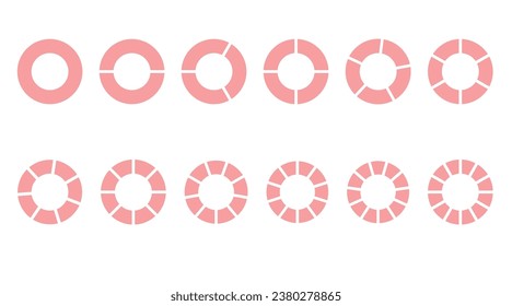 Fracciones de matemáticas, fracciones vectoriales redondeadas. Piezas redondas rosas. Un conjunto de pequeños segmentos. Geometría simple. Ilustración del vector sobre fondo transparente