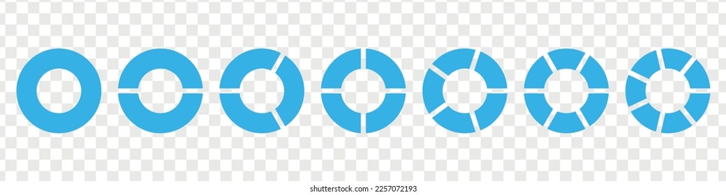 Fractions pie divided for math. Blue circle pie with pieces. Segment slice set. Simple geometry. Vector isolated illustration